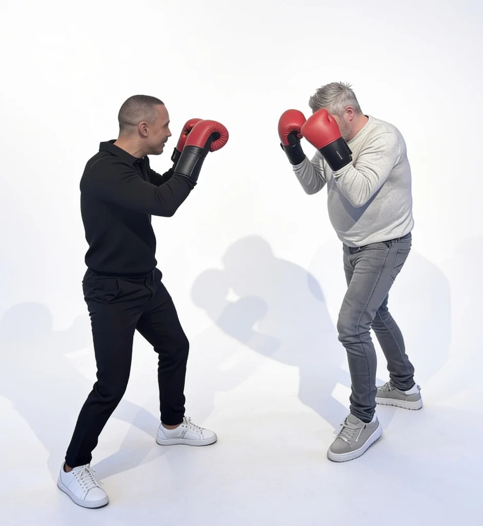 Twee mannen in casual kleding doen een boks oefening met rode bokshandschoenen in een studio-omgeving.